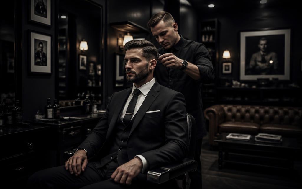 Barber giving a sharp haircut in a dark premium barbershop