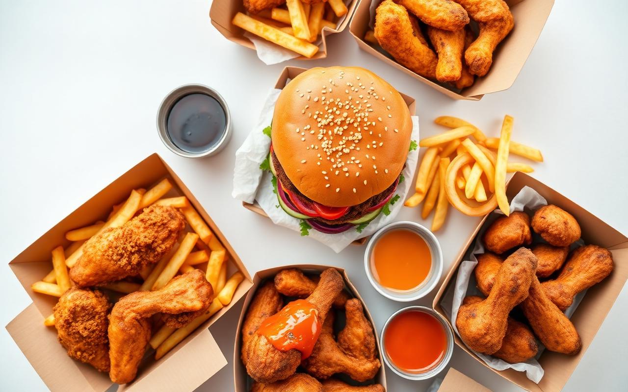 Takeaway spread with burgers, fried chicken, chips, wings and dipping sauces